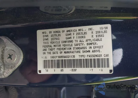 2009 Honda Accord Sdn 3.5 Ex-L/Ex-L z USA, uszkodzony, nr VIN 1HGCP36859A021135